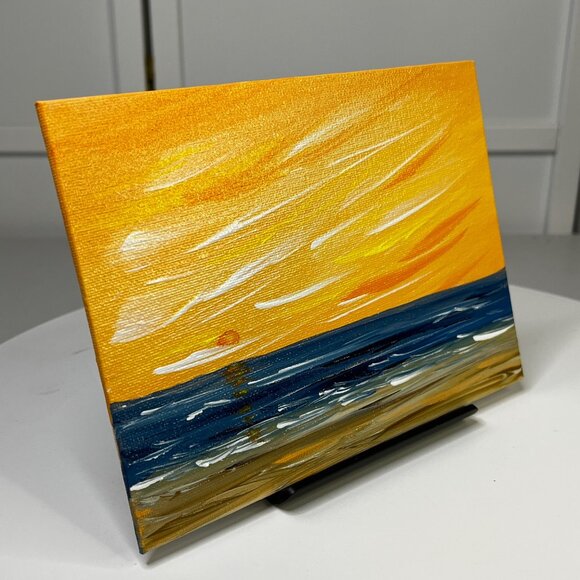Sun Setting Over The Sea Acrylic Seascape Painting 6" x 8" Unframed - Signed - Picture 5 of 7